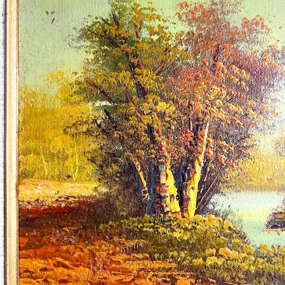 Vintage 10x8in River Bank Forest Still Life Oil Painting Wood Gold Frame Sunset - Picture 6 of 10